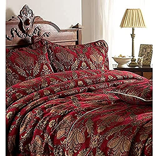Paoletti Shiraz Tagesdecke – Gesticktes Blumendamast Jacquard, Luxuriöse und Strapazierfähige Bettdecke (Burgunderrot & Gold – 275 x 275 cm)