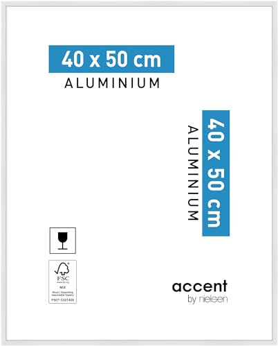 accent by nielsen Bilderrahmen, 40 x 50 cm, Aluminium, Weiß glanz, Posterrahmen zum Aufhängen im Hoch- & Querformat, Echtglas, Accent