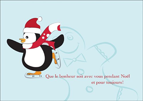 Französische Weihnachtskarte, Klappkarte mit Schlittschuh laufendem Pinguin und Lebkuchenmann auf Eis: Que le bonheur soit avec vous pendant Noël et pour toujours!