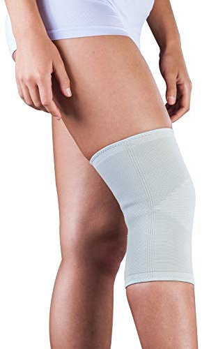 LOREY Latexfreie Kniebandage für Frauen und Männer, Kniestütze aus elastischem 3D-Gestrick, Knieorthese für Fussball, Laufen oder Fitness, linkes und rechtes Knie, Grau, Silber, Größe M