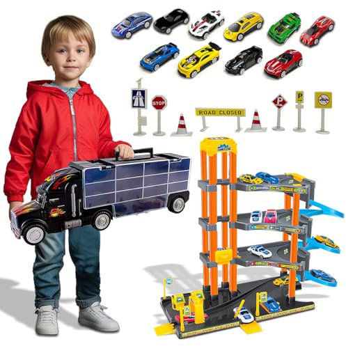 Kidoloop Kids 20PCS 4 Story Parking Garage with Portable Car Transporter Truck Die Cast Cars Educational Learning Fun Track Toy For Children Interactive Racing Car Toy For Toddlers Gift