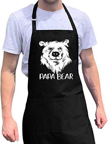 ApronMen Papa Bear BBQ-Grill Schürze oder Opa mit hohen Qualität Poly/Cotton 4 Utility-Taschen, justierbares Ansatz und extra Langen Taille Krawatten Schwarze Schürze Eine Grösse passt Allen