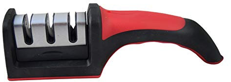 DinoK - Knife Sharpener - Professional Three Stage Sharpening System - Easily Sharpen Blunt Kitchen, Chef, Butcher and Utility Knives - Left Or Right Handed - Comfortable Handle And Non Slip Base - Red