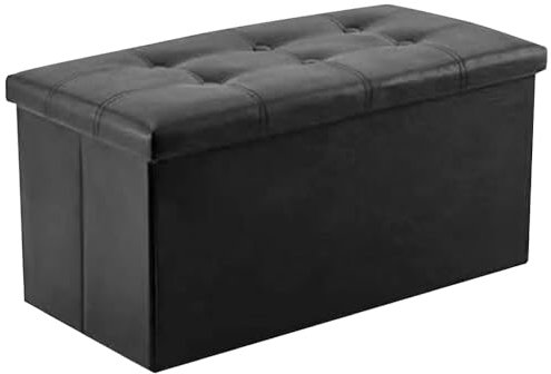BARGAINS-GALORE Large Ottoman Faux Leather Bench Stool - Folding Seat, Footstool, Chest, Foldable | Storage Box With Seat Lids For Kids Toys, Bedroom, Hallway, Living Room (Double, Black)