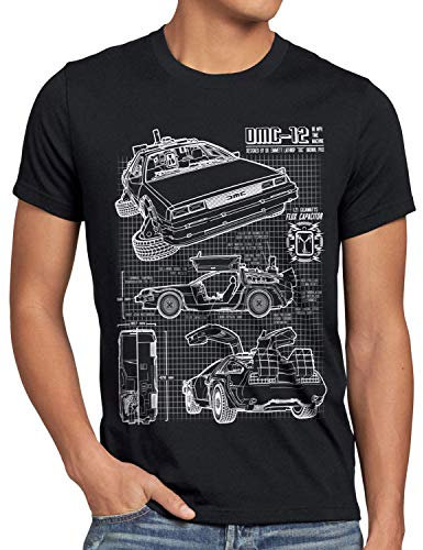 style3 DMC-12 Blaupause T-Shirt Herren Zeitreise 80er McFly Blueprint Auto Car, Größe:XXL, Farbe:Schwarz