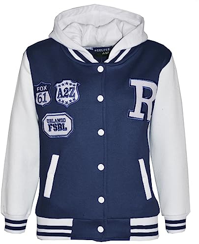 A2Z 4 Kids Boys Girls Hooded Varsity - B.B Navy 9-10 | Contrast Sleeve Outerwear With Ribbed Trim For Everyday Comfort
