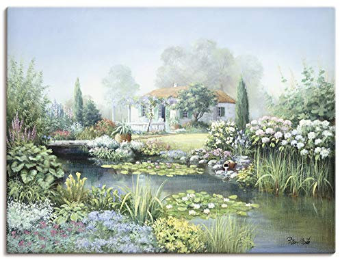 ARTland Wanddeko Leinwand Bilder Wandbild 120x90 cm Natur Landschaft Garten Teich Blumen Pflanzen Malerei Kunst L0ZS