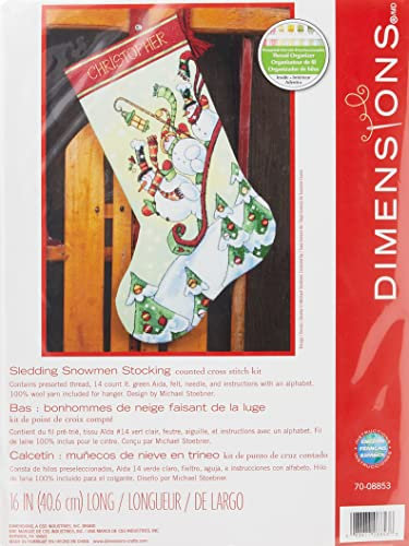Dimensions D70-08853, Weihnachtsstrumpf mit rodelnden Schneemännern zum Selbstbesticken