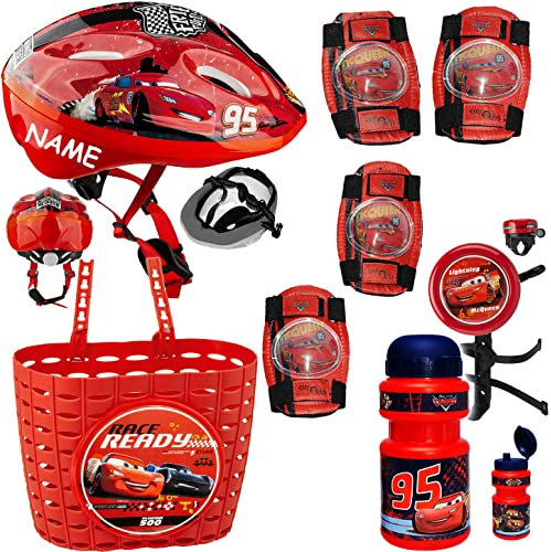 alles-meine.de GmbH XXL Set: Kinderhelm + Fahrradkorb + Fahrradflasche + Fahrradklingel + Schützer - Cars Lightning McQueen - inkl. Name - Fahrrad Auto - rot - universal auch für..