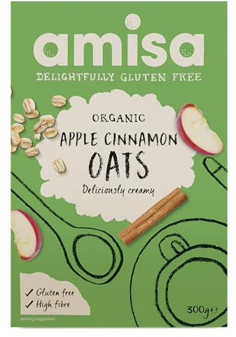 Amisa Organic Gluten-Free Apple & Cinnamon Porridge Oats, 300g | High in Fibre, Gluten Free, Apple & Cinnamon Flavour, Perfect Breakfast Cereal, Vegan