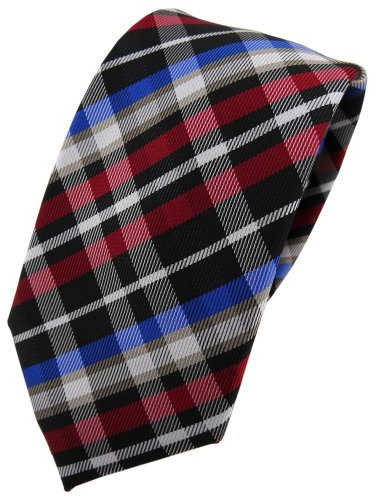 TigerTie Schmale Krawatte rot blau beige schwarz silber kariert - Krawatte Tie