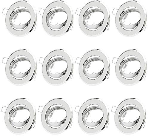 12x Einbaustrahler GU10 Set – 12 Stück Einbaurahmen in Chrom Optik Inkl. GU10 Fassung für LED oder Halogen Leuchtmittel, 30° Schwenkbar, Rund