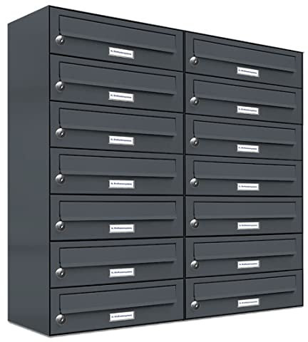 AL Briefkastensysteme 14er Briefkastenanlage Anthrazit Grau RAL 7016, Premium Briefkasten DIN A4, 14 Fach Postkasten modern Aufputz