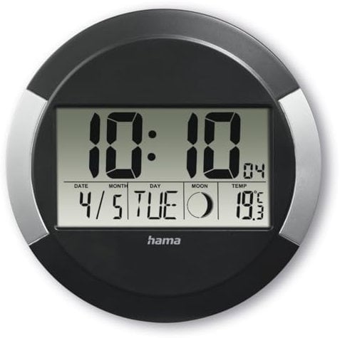 Hama Digital Wall Clock with Radio Controlled Clock with Thermometer Time Zone Setting, Calendar, Moon Phases Polypropylene – Black
