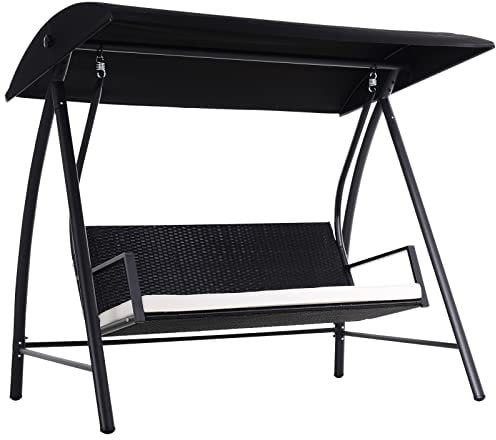 Outsunny 3 Seater Rattan Swing Chair with Adjustable Canopy, Extra Large Seater with Cushion, Weather Resistant Steel Frame for Patio, Yard, Black