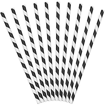 10 Pailles en Carton rayées Noires 19,5 cm