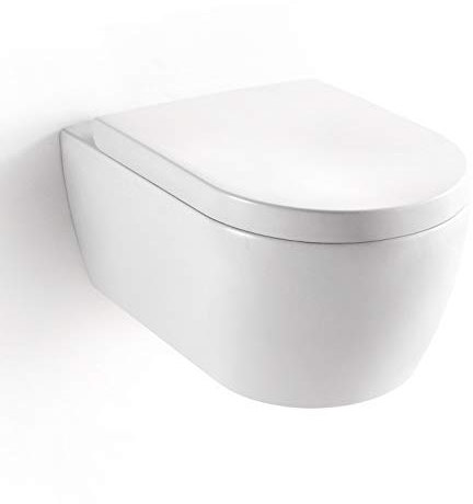 Soho - Inodoro colgante de pared sin estribos/sin enjuague, color blanco brillante con Duroplast Soft Close, asiento de inodoro nano revestimiento, compacto