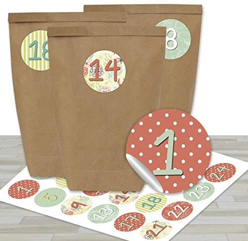 Papierdrachen Adventskalender zum Befüllen - mit 24 braunen Papiertüten und 24 dezenten Aufklebern - zum Selbermachen und Basteln - Mini Set Nr 24 - Weihnachtskalender für Kinder
