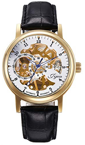 FENKOO Damen Totenkopfuhr Mechanischer Handaufzug Leder Band Armbanduhr Schwarz