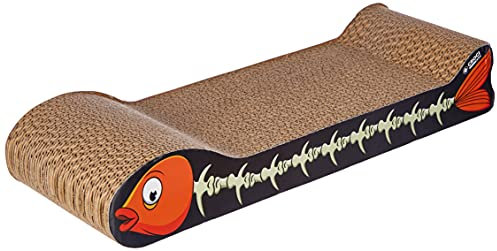 Croci - Arbre à Chat en Carton, 2 Couches Réversibles, avec Pieds Antidérapants, y Compris Un Sac d'herbe à Chat, Style Poisson, 44 X 14 x 7 cm