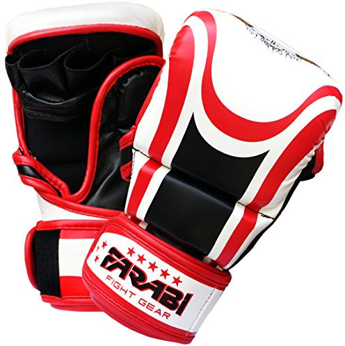 Farabi Sports Hybrid Semi Pro Guanti da allenamento MMA Guanti da sparring Grappling 7oz (S/M, White/Red))