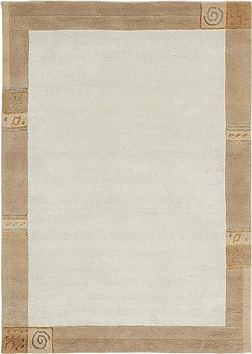 -LUXOR- living Teppich Wolle Manali, Nepalteppich, Kurzflor, handgeknüpft, Bordüre Wollteppich, für Schlafzimmer und Wohnzimmer, 140 x 200 cm Beige