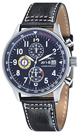 AVI-8 Herren 42mm Hawker Hurricane Classic Chronograph Army Blue Japanische Quarz-Fliegeruhr mit Lederarmband AV-4011-03