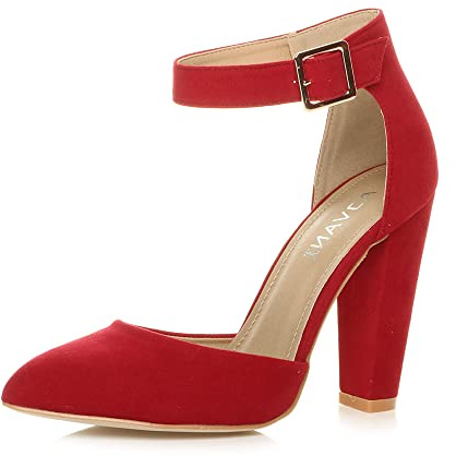 Womens Ladies high Block Heel Ankle Strap Pointed Court Shoes Size, Red Suede, 6 UK