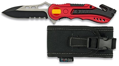 Albainox 19495GR1018 - Coltellino rosso di sicurezza spagnola, manico di alluminio, lama con sega da 8,1 cm, include punta rompevetro e cutter cintura di sicurezza, custodia in nylon, unisex adulto, multicolore