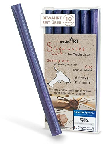 gravurART Siegelwachs flexibel für Wachspistole - Stilvoll Briefe versiegeln mit dem 6er Pack Wachs für Siegelstempel in Saphirblau-perlmutt - 7 mm