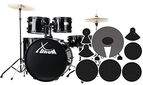 XDrum Rookie Schlagzeug Set Drumset Schwarz (22 BD, 10, 12, 14 TT, 14 SD, Übungsbecken bestehend aus Satz Hi-Hat-Becken 14, 1 Crash-Ride-Becken 16, inkl. Schule und Schlagzeugdämpferset)