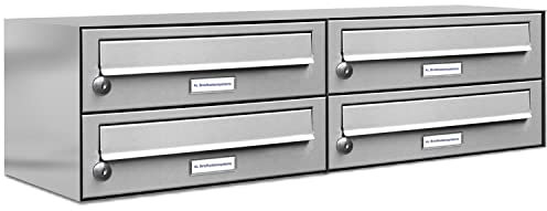 AL Briefkastensysteme 4er Briefkastenanlage Edelstahl, Premium Briefkasten DIN A4, 4 Fach Postkasten modern Aufputz