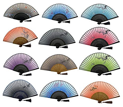 Rangebow Handheld Fan for Women Wedding Pack of 3 Random Colours Design Folding Hand Fans for Women Men Girls or Weddings Silk Fabric Bamboo Ribs Tokyo Blossom (Mix Colours)