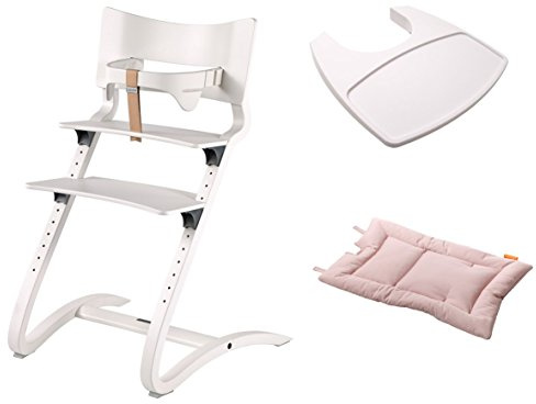 Leander Stuhl weiß - Hochstuhl - Kinderstuhl - Erwachsenenstuhl mit Babybügel + Tablett weiß + Kissen soft pink