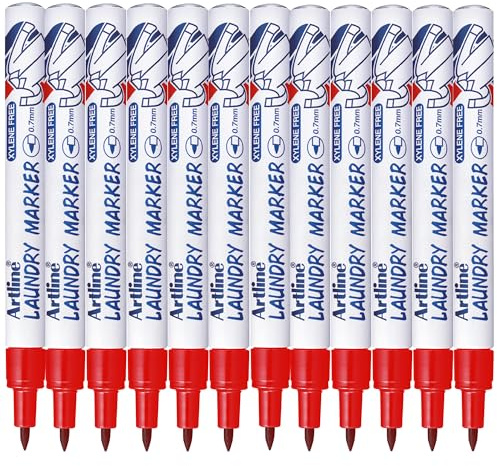Artline Laundry Marker Pens (Red) Pack of 12 | Fast Drying Clothes Marker Pens, Wash Resistant Fabric Pens Permanent for Clothes or Linen, No Fade After Washing