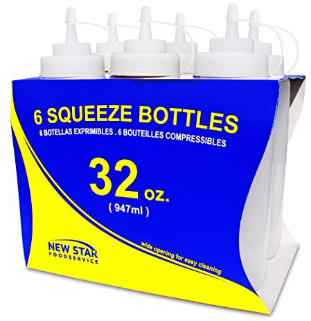 New Star Foodservice Squeeze Bottles, Plastic, Wide Mouth, 32 oz, Clear, Pack of 6