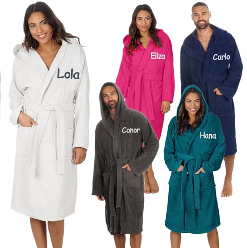 Personalised Adult Hooded Towelling Bath Robe 100% Cotton Luxury Bathrobe Absorbent Towel Robe for Men & Women Custom Gift Dressing Gown for Spa, Bathroom, Swim, Gym