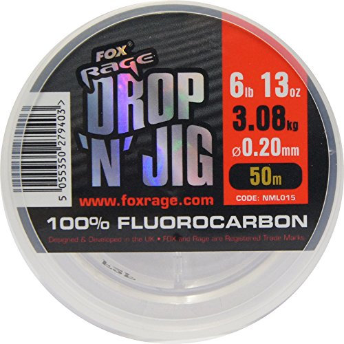 Fox Rage Fluocarbon Schnur Drop 'n' Jig 50m, Angelschnur für Vorfächer, Vorfachschnur zum Spinnfischen, Durchmesser/Tragkraft:0.20mm / 3.08kg Tragkraft