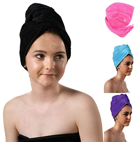 aztex Luxury Hair Turban Towel, Head Wrap Towel, Hair Drying Towel with Loop and Button Fastener, Luxury Absorbent and Lightweight Cotton, Multiple Colours, 64 x 23cm - Black