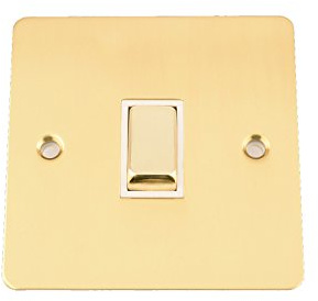 A5 Light Switch Single 1 Gang - Polished Mirror Brass Flat - White Insert - Metal Rocker Switch - 10 Amp 1 Gang 2 Way