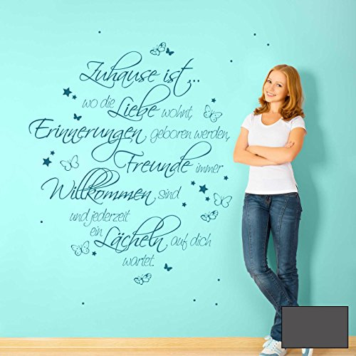 Wandtattoo Wandbild Wandworte Wandaufkleber Wandsticker Aufkleber Sticker Spruch Zitat Zuhause ist... Liebe Erinnerungen Familie mit Sternen und Schmetterlingen M1968 ausgewählte Farbe: *dunkelgrau* ausgewählte Größe: *M - 68cm breit x 80cm hoch*