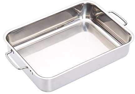 MasterClass Fuente de horno con asas plegables y diseño compatible con placas de cocción, acero inoxidable, 32 x 23 x 6,5 cm (12,5 x 9 x 2,5''), plata