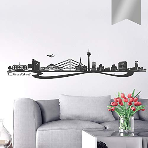 WANDKINGS Wandtattoo Skyline Düsseldorf (mit Sehenswürdigkeiten und Wahrzeichen der Stadt) 160 x 37 cm Silber - erhältlich in 33 Farben