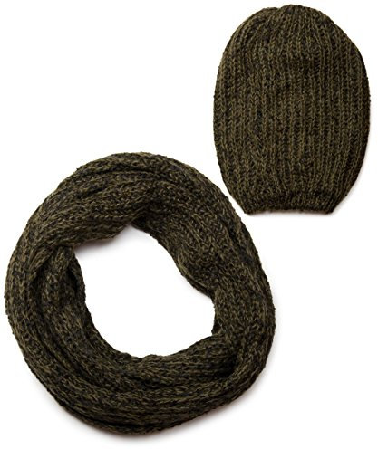 styleBREAKER Schal und Mütze Kombi Set, marmorierter Grobstrick Loop Schlauchschal mit Strick Beanie Mütze 01018206, Farbe:Grün-Schwarz