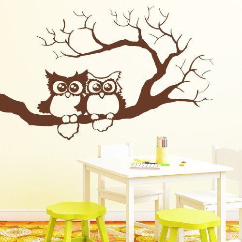Wandtattoo: Zwei Eulen Freunde / 49 Farben / 4 Größen/Hellbraun / 35 x 55 cm