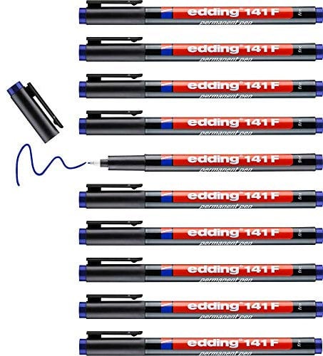 edding 141 F Permanenter Folienschreiber - blau - 10 Stifte - Rundspitze 0,6 mm - Stift zum Schreiben auf Glas, Kunststoff, Folien und glatten Oberflächen - schnelltrocknend, wisch- und wasserfest