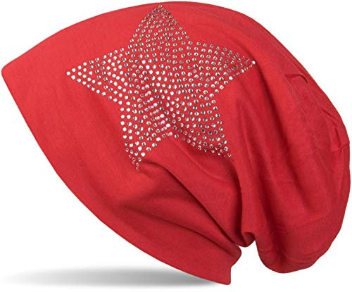 styleBREAKER Klassische leichte Unisex Beanie Mütze mit Stern Strass Applikation 04024019, Farbe:Rot