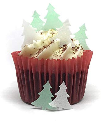100 Precut White & Green Edible Wafer Paper Mini Christmas Tree Cake Toppers- 50 of Each Colour - Perfect for Christmas Cupcakes or Table Decorations
