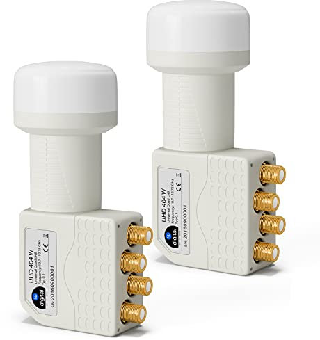 HB-DIGITAL 2X Quad LNB LNC 4 Teilnehmer Direkt (Zwei Stück) Full HD TV 3D 4K Weiß Weiss White ■ Kontakte vergoldet ■ Wetterschutz (ausziehbar)