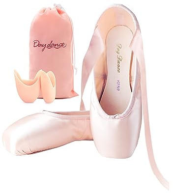 Daydance Pointe Shoes Girls Professional Satin Ribbon Ballet Shoes with Silicone Toe Pads Light Pink 3 Big Kid